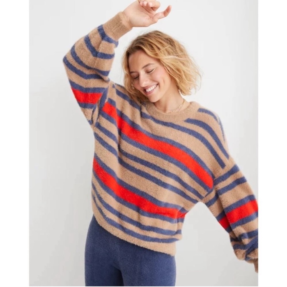 aerie flurry crew sweater Oversized Cozy Striped Crewneck Tan Blue & Red XXL
